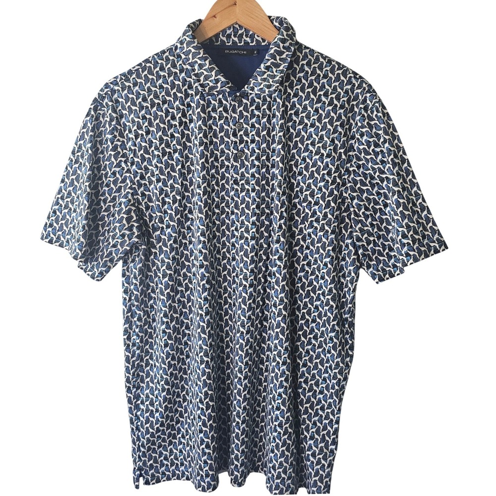 Bugatchi Abstract Geometric Print Polo Shirt Blue Mercerized Cotton Men's XL